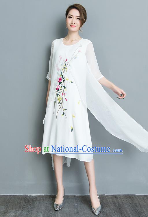 Traditional Ancient Chinese National Costume, Elegant Hanfu Mandarin Qipao Embroidery Double-deck White Silk Dress, China Tang Suit Upper Outer Garment Elegant Dress Clothing for Women