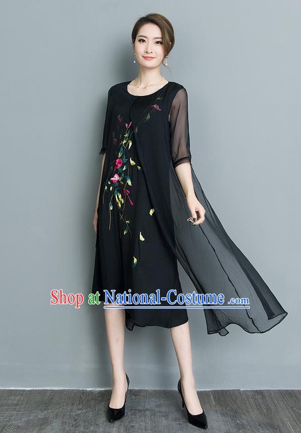 Traditional Ancient Chinese National Costume, Elegant Hanfu Mandarin Qipao Embroidery Double-deck Black Silk Dress, China Tang Suit Upper Outer Garment Elegant Dress Clothing for Women