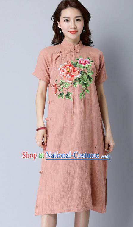 Traditional Ancient Chinese National Costume, Elegant Hanfu Stand Collar Mandarin Qipao Embroidery Slant Opening Light Tan Dress, China Tang Suit Cheongsam Upper Outer Garment Elegant Dress Clothing for Women