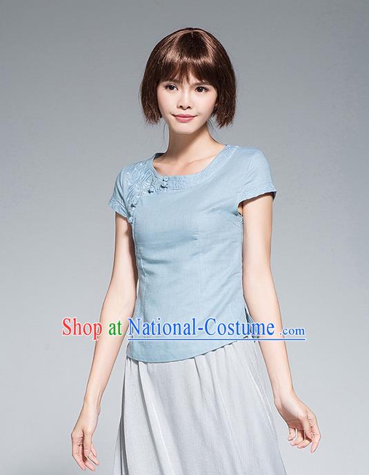 Traditional Chinese National Costume, Elegant Hanfu Embroidery Slant Opening Blue Shirt, China Tang Suit Republic of China Schoolgirl Chirpaur Blouse Cheong-sam Upper Outer Garment Qipao Shirts Clothing for Women