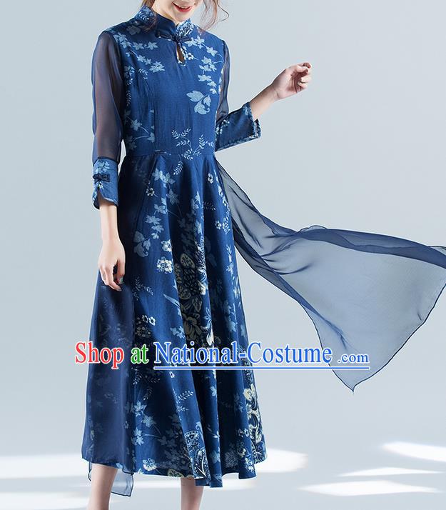 Traditional Ancient Chinese National Costume, Elegant Hanfu Mandarin Qipao Chiffon Printing Blue Double-deck Dress, China Tang Suit Chirpaur Republic of China Cheongsam Upper Outer Garment Elegant Dress Clothing for Women