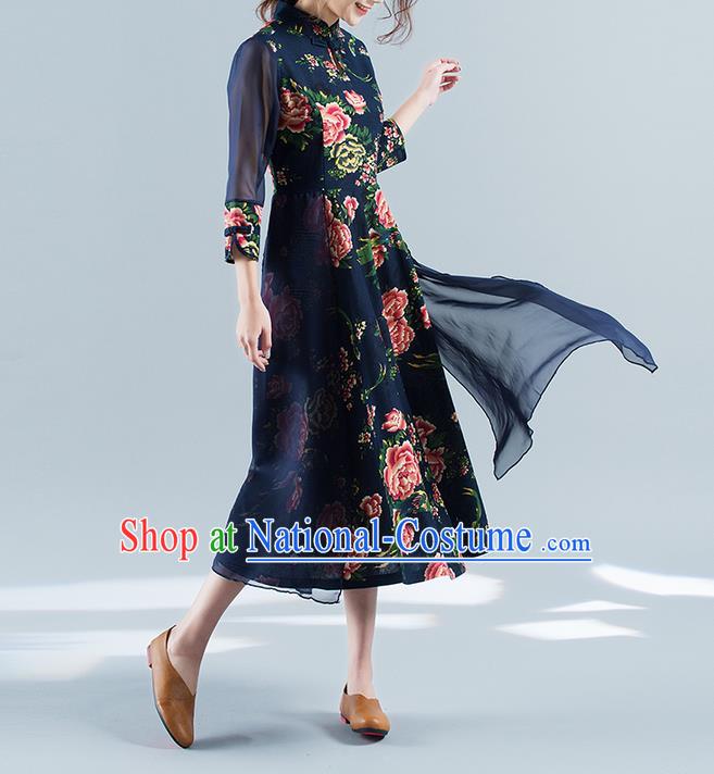 Traditional Ancient Chinese National Costume, Elegant Hanfu Mandarin Qipao Chiffon Printing Black Double-deck Dress, China Tang Suit Chirpaur Republic of China Cheongsam Upper Outer Garment Elegant Dress Clothing for Women