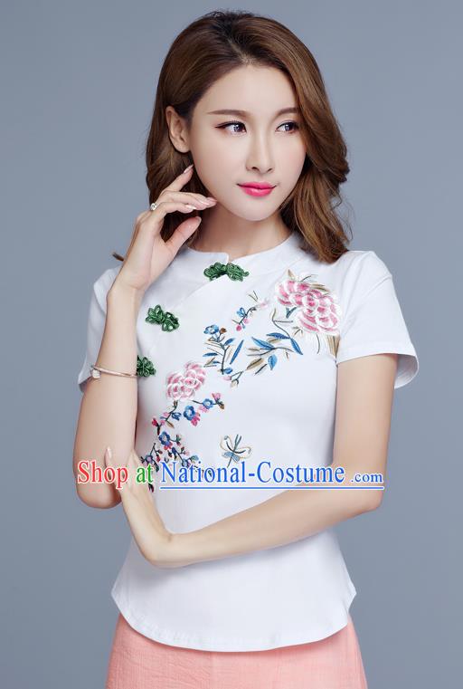 Traditional Chinese National Costume, Elegant Hanfu Embroidery Flowers Slant Opening White T-Shirt, China Tang Suit Plated Buttons Chirpaur Blouse Cheong-sam Upper Outer Garment Qipao Shirts Clothing for Women