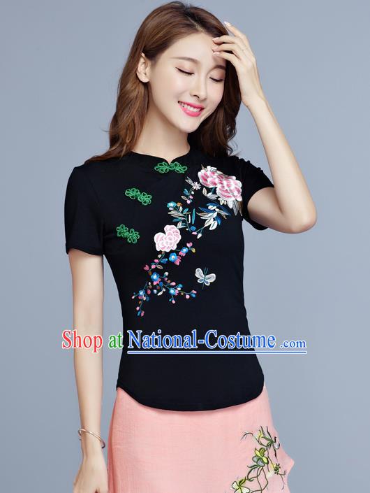 Traditional Chinese National Costume, Elegant Hanfu Embroidery Flowers Slant Opening Black T-Shirt, China Tang Suit Plated Buttons Chirpaur Blouse Cheong-sam Upper Outer Garment Qipao Shirts Clothing for Women