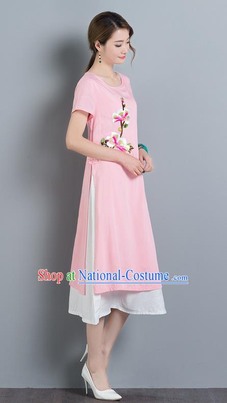 Traditional Ancient Chinese National Costume, Elegant Hanfu Mandarin Qipao Linen Embroidery Pink Dress, China Tang Suit Cheongsam Elegant Dress Clothing for Women