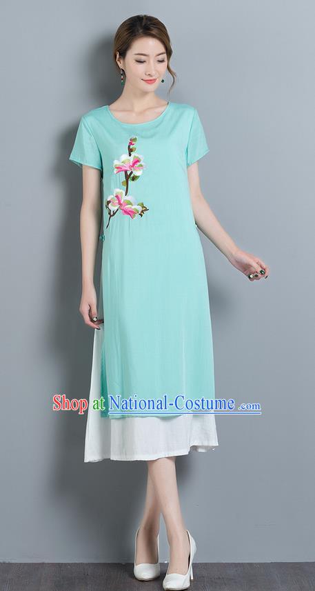 Traditional Ancient Chinese National Costume, Elegant Hanfu Mandarin Qipao Linen Embroidery Blue Dress, China Tang Suit Cheongsam Elegant Dress Clothing for Women