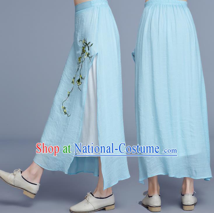 Traditional Chinese National Costume Loose Pants, Elegant Hanfu Embroidered Chiffon Blue Wide leg Pants, China Ethnic Minorities Tang Suit Ultra-wide-leg Trousers for Women