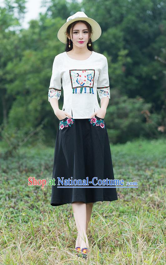 Traditional Ancient Chinese National Pleated Skirt Costume, Elegant Hanfu Linen Embroidery Black Dress, China Tang Suit Bust Skirt for Women