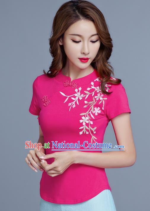 Traditional Chinese National Costume, Elegant Hanfu Embroidery Stand Collar Pink T-Shirt, China Tang Suit Cheong-sam Blouse Upper Outer Garment Qipao Shirts Clothing for Women