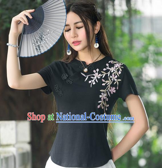 Traditional Chinese National Costume, Elegant Hanfu Embroidery Stand Collar Black T-Shirt, China Tang Suit Cheong-sam Blouse Upper Outer Garment Qipao Shirts Clothing for Women