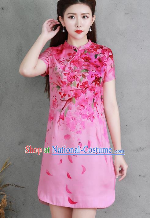 Traditional Ancient Chinese National Costume, Elegant Hanfu Mandarin Qipao Silk Printing Pink Dress, China Tang Suit Chirpaur Republic of China Cheongsam Elegant Dress Clothing for Women