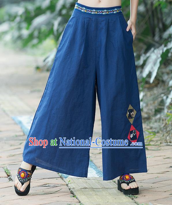 Traditional Chinese National Costume Loose Pants, Elegant Hanfu Embroidered Navy Wide leg Pants, China Ethnic Minorities Tang Suit Ultra-wide-leg Trousers for Women