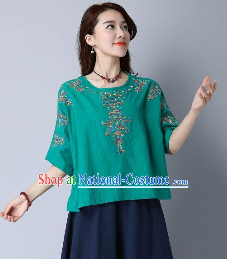 Traditional Chinese National Costume, Elegant Hanfu Embroidery Flowers Linen Green T-Shirt, China Tang Suit Blouse Cheong-sam Upper Outer Garment Qipao Shirts Clothing for Women