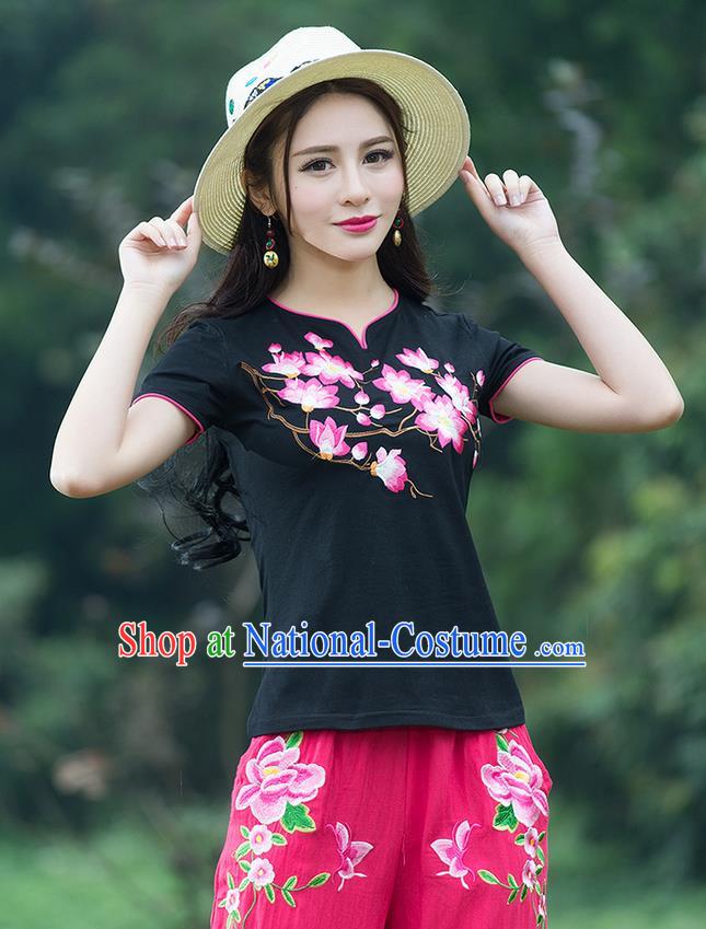 Traditional Chinese National Costume, Elegant Hanfu Embroidery Flowers Black T-Shirt, China Tang Suit Republic of China Chirpaur Blouse Cheong-sam Upper Outer Garment Qipao Shirts Clothing for Women