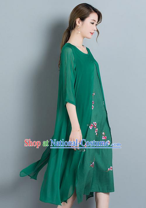 Traditional Ancient Chinese National Costume, Elegant Hanfu Mandarin Qipao Linen Embroidery Green Dress, China Tang Suit Chirpaur Elegant Dress Clothing for Women