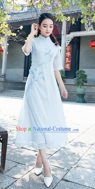 Traditional Ancient Chinese National Costume, Elegant Hanfu Mandarin Qipao Hand Painting Blue Dress, China Tang Suit Chirpaur Elegant Dress Clothing for Women