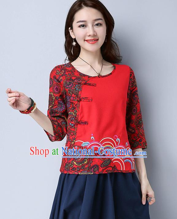 Traditional Chinese National Costume, Elegant Hanfu Embroidery Flowers Linen Red T-Shirt, China Tang Suit Chirpaur Blouse Cheong-sam Upper Outer Garment Qipao Shirts Clothing for Women