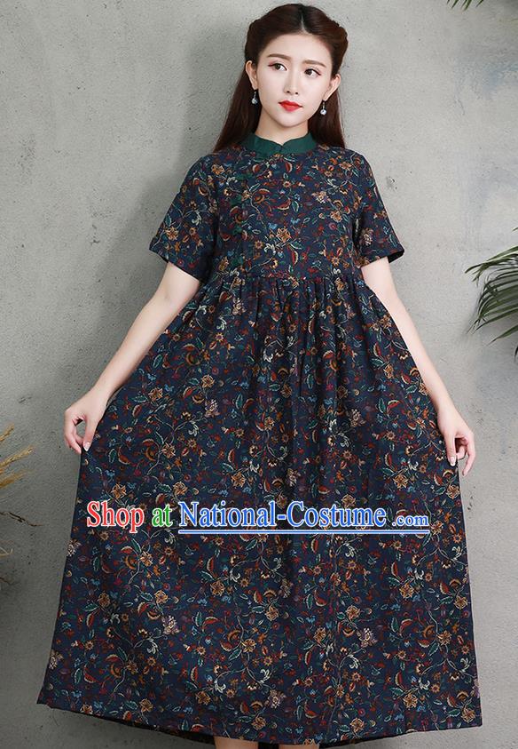 Traditional Ancient Chinese National Costume, Elegant Hanfu Printing Navy Big Swing Dress, China Tang Suit Chirpaur Cheongsam Elegant Dress Clothing for Women