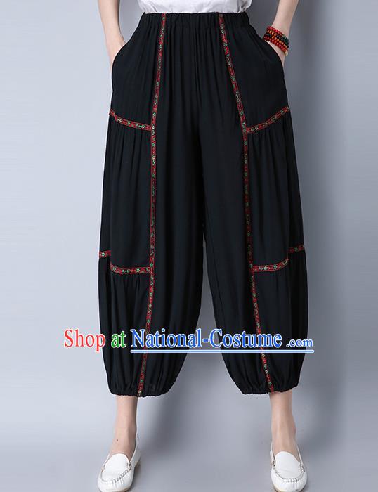 Traditional Chinese National Costume Plus Fours, Elegant Hanfu Embroidered Black Bloomers, China Ethnic Minorities Folk Dance Tang Suit Pantalettes for Women