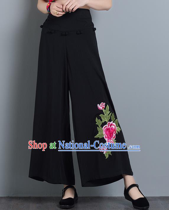 Traditional Chinese National Costume Loose Pants, Elegant Hanfu Embroidered Black Wide leg Pants, China Ethnic Minorities Tang Suit Ultra-wide-leg Trousers for Women