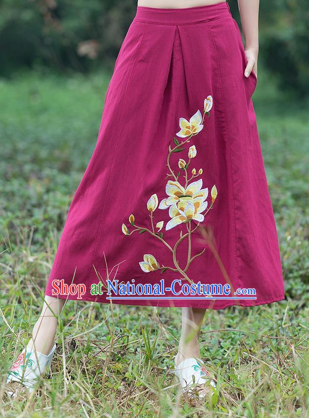 Traditional Ancient Chinese National Pleated Skirt Costume, Elegant Hanfu Linen Embroidery Long Red Dress, China Tang Suit Bust Skirt for Women