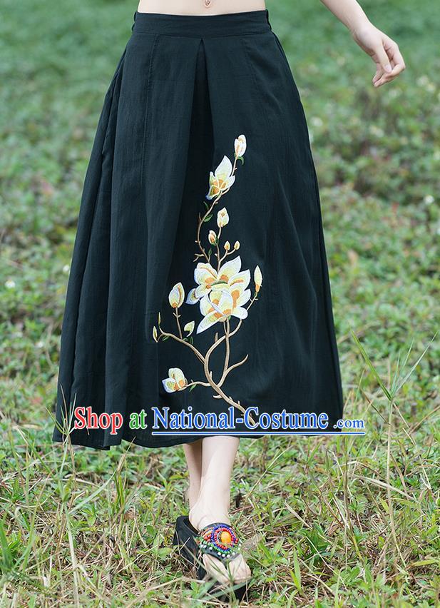 Traditional Ancient Chinese National Pleated Skirt Costume, Elegant Hanfu Linen Embroidery Long Black Dress, China Tang Suit Bust Skirt for Women