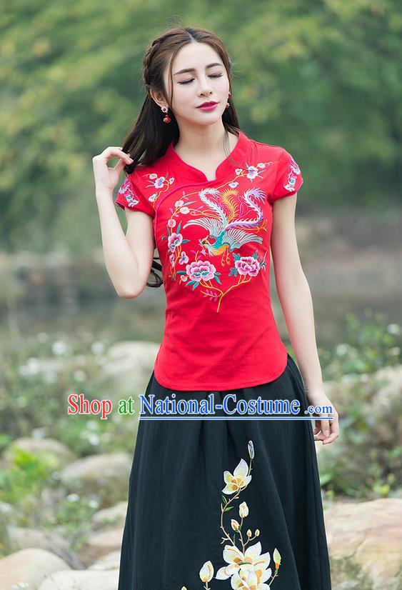 Traditional Chinese National Costume, Elegant Hanfu Embroidery Flowers Stand Collar Red T-Shirt, China Tang Suit Chirpaur Blouse Cheong-sam Upper Outer Garment Qipao Shirts Clothing for Women