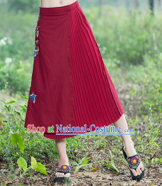 Traditional Ancient Chinese National Pleated Skirt Costume, Elegant Hanfu Embroidery Long Red Dress, China Tang Suit Bust Skirt for Women