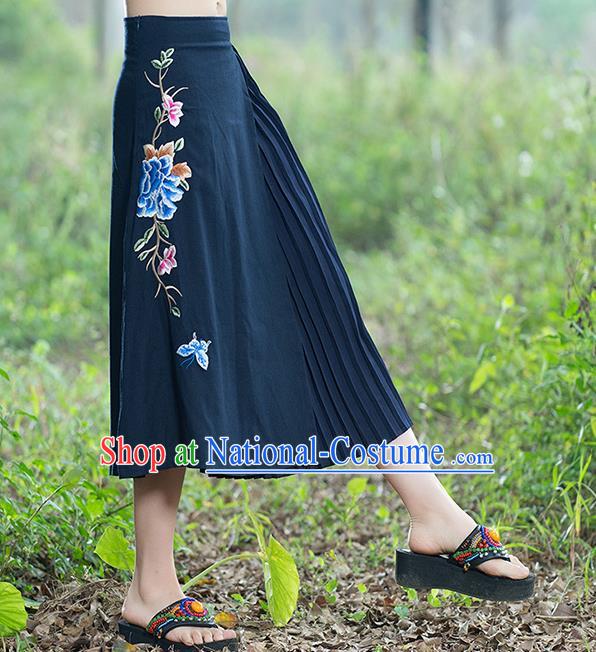 Traditional Ancient Chinese National Pleated Skirt Costume, Elegant Hanfu Embroidery Long Navy Dress, China Tang Suit Bust Skirt for Women