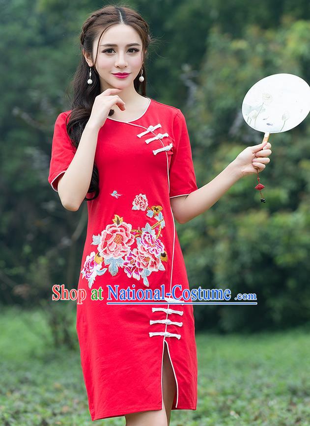 Traditional Ancient Chinese National Costume, Elegant Hanfu Mandarin Qipao Embroidered Red Dress, China Tang Suit Chirpaur Republic of China Cheongsam Elegant Dress Clothing for Women