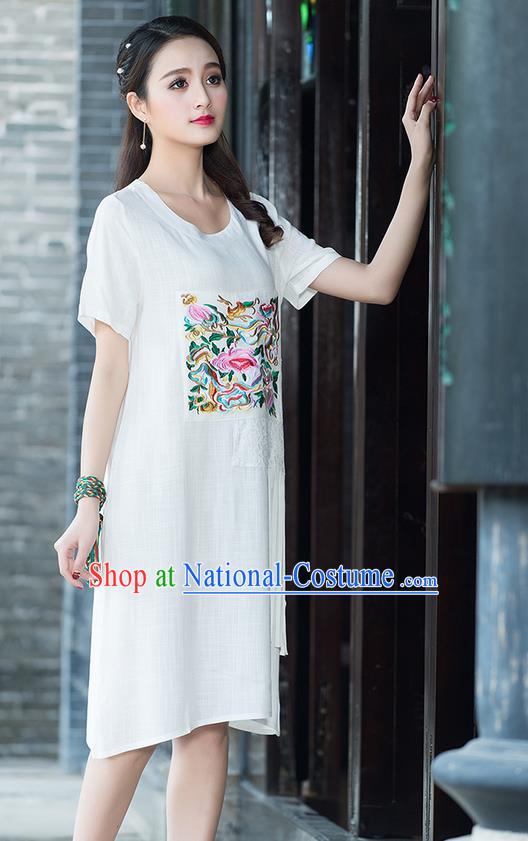 Traditional Ancient Chinese National Costume, Elegant Hanfu Mandarin Qipao Embroidered Lace White Dress, China Tang Suit Chirpaur Republic of China Cheongsam Elegant Dress Clothing for Women