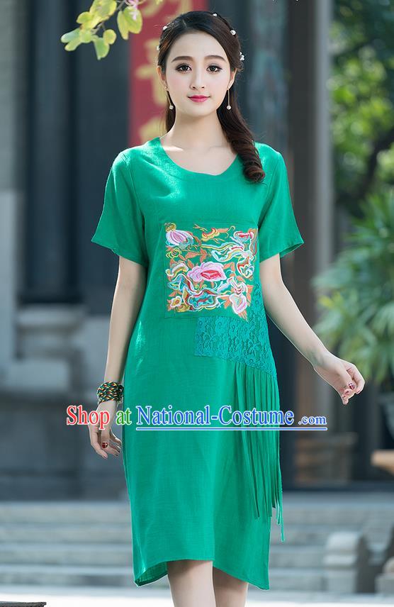 Traditional Ancient Chinese National Costume, Elegant Hanfu Mandarin Qipao Embroidered Lace Green Dress, China Tang Suit Chirpaur Republic of China Cheongsam Elegant Dress Clothing for Women