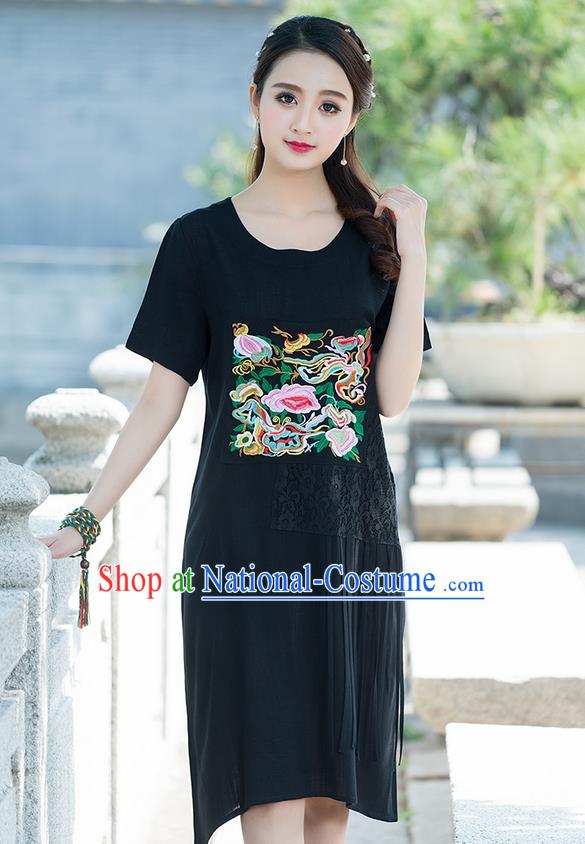 Traditional Ancient Chinese National Costume, Elegant Hanfu Mandarin Qipao Embroidered Lace Black Dress, China Tang Suit Chirpaur Republic of China Cheongsam Elegant Dress Clothing for Women