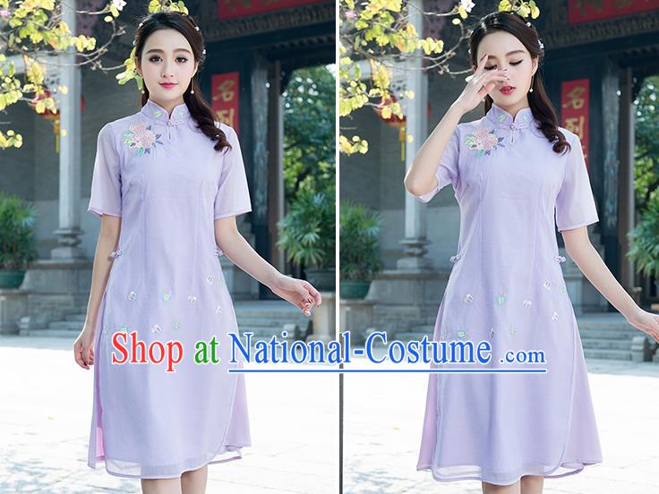 Traditional Ancient Chinese National Costume, Elegant Hanfu Mandarin Qipao Embroidered Organza Purple Dress, China Tang Suit Chirpaur Republic of China Cheongsam Elegant Dress Clothing for Women