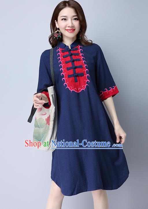 Traditional Ancient Chinese National Costume, Elegant Hanfu Mandarin Qipao Embroidered Navy Linen Dress, China Tang Suit Chirpaur Republic of China Cheongsam Elegant Dress Clothing for Women