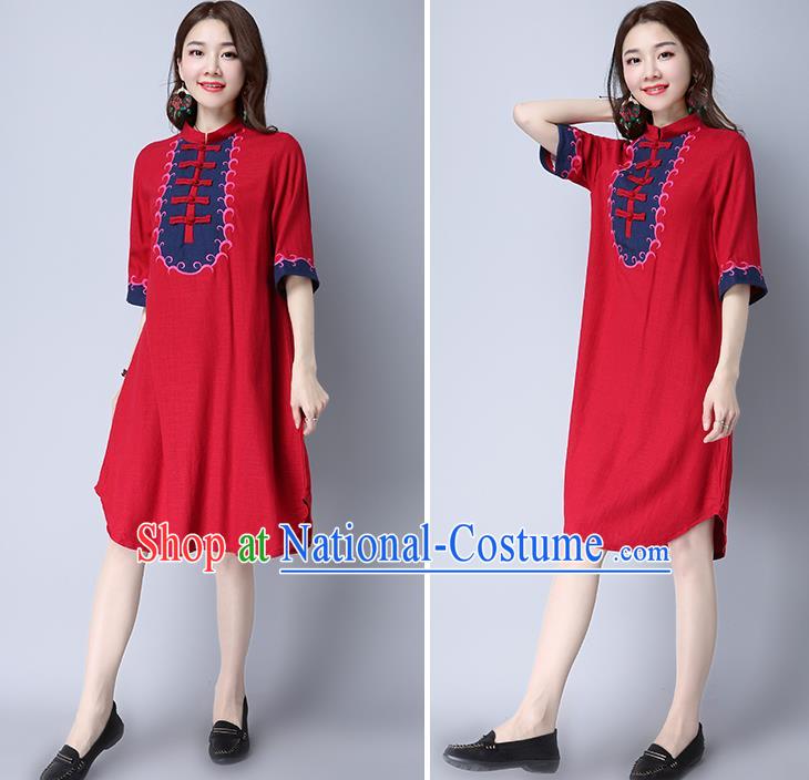 Traditional Ancient Chinese National Costume, Elegant Hanfu Mandarin Qipao Embroidered Red Linen Dress, China Tang Suit Chirpaur Republic of China Cheongsam Elegant Dress Clothing for Women