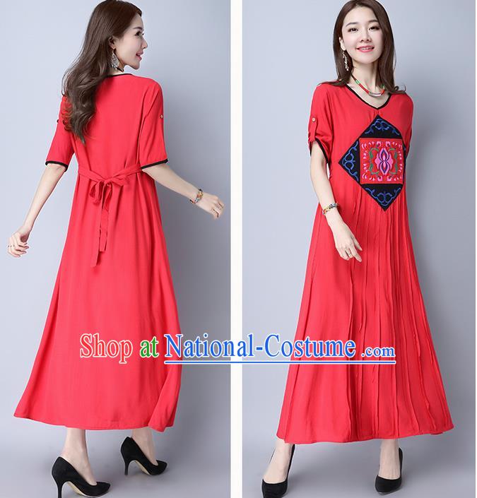 Traditional Ancient Chinese National Costume, Elegant Hanfu Mandarin Qipao Embroidered Red Linen Long Dress, China Tang Suit Chirpaur Republic of China Cheongsam Elegant Dress Clothing for Women