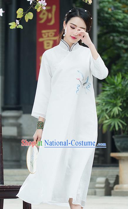 Traditional Ancient Chinese National Costume, Elegant Hanfu Mandarin Qipao Linen Hand Painting Crane White Dress, China Tang Suit Chirpaur Republic of China Cheongsam Upper Outer Garment Elegant Dress Clothing for Women