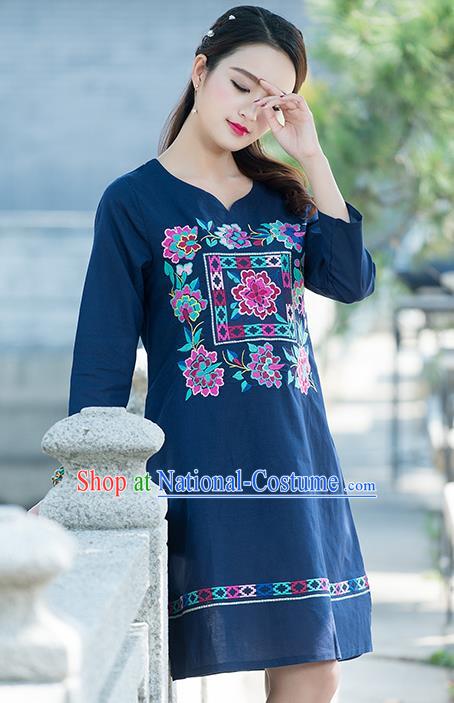 Traditional Ancient Chinese National Costume, Elegant Hanfu Mandarin Qipao Linen Embroidery Navy Dress, China Tang Suit Chirpaur Elegant Dress Clothing for Women