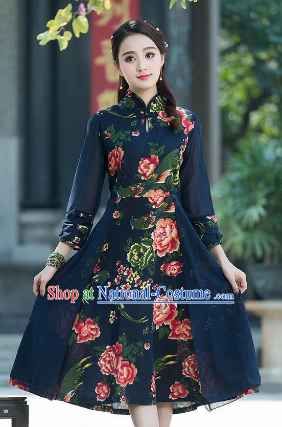 Traditional Ancient Chinese National Costume, Elegant Hanfu Mandarin Qipao Printing Peony Dress, China Tang Suit Chirpaur Elegant Dress Clothing for Women