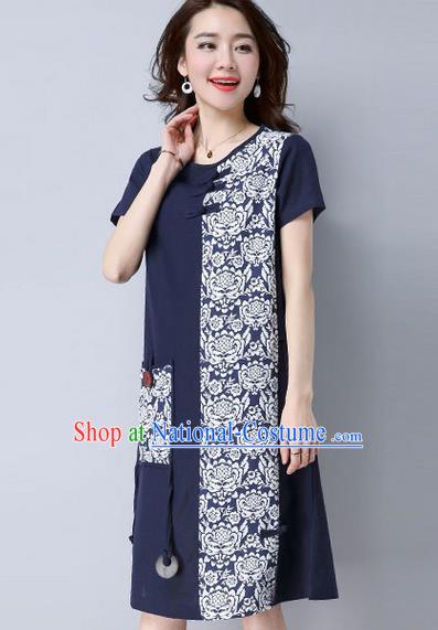 Traditional Ancient Chinese National Costume, Elegant Hanfu Mandarin Qipao Patch Printing Navy Dress, China Tang Suit Plated Buttons Chirpaur Elegant Dress Clothing for Women