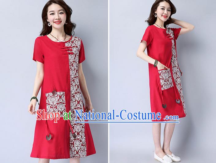 Traditional Ancient Chinese National Costume, Elegant Hanfu Mandarin Qipao Patch Printing Red Dress, China Tang Suit Plated Buttons Chirpaur Elegant Dress Clothing for Women