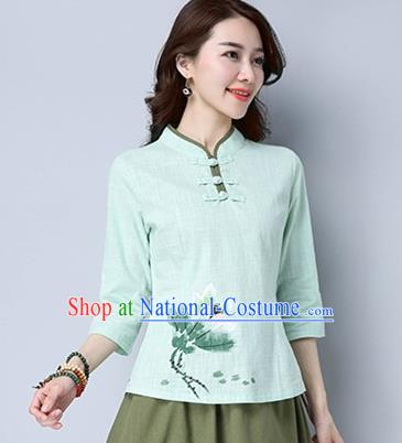 Traditional Chinese National Costume, Elegant Hanfu Hand Painting Flowers Blue T-Shirt, China Tang Suit Republic of China Plated Buttons Chirpaur Blouse Cheong-sam Upper Outer Garment Qipao Shirts Clothing for Women