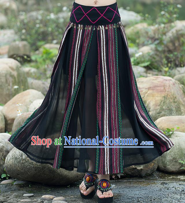 Traditional Ancient Chinese National Pleated Skirt Costume, Elegant Hanfu Embroidery Long Black Dress, China Tang Suit National Minority Bust Skirt for Women