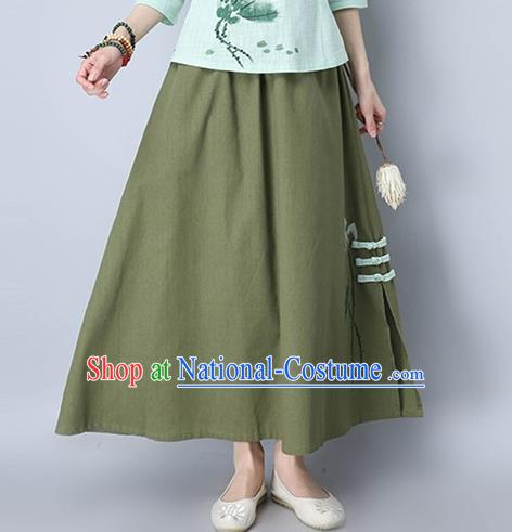 Traditional Ancient Chinese National Pleated Skirt Costume, Elegant Hanfu Embroidery Long Green Plated Buttons Dress, China Tang Suit National Minority Bust Skirt for Women