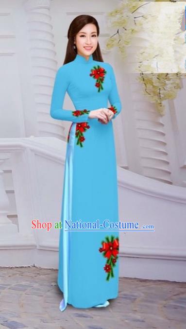 Top Grade Asian Vietnamese Traditional Dress, Vietnam Bride Ao Dai Hand Printing Flowers Dress, Vietnam Princess Blue Dress Cheongsam Clothing for Women