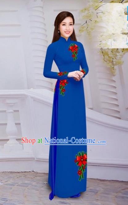 Top Grade Asian Vietnamese Traditional Dress, Vietnam Bride Ao Dai Hand Printing Flowers Dress, Vietnam Princess Royalblue Dress Cheongsam Clothing for Women