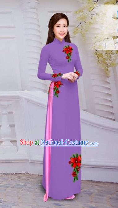 Top Grade Asian Vietnamese Traditional Dress, Vietnam Bride Ao Dai Hand Printing Flowers Dress, Vietnam Princess Deep Purple Dress Cheongsam Clothing for Women