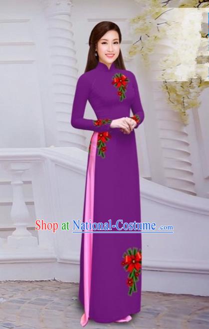 Top Grade Asian Vietnamese Traditional Dress, Vietnam Bride Ao Dai Hand Printing Flowers Dress, Vietnam Princess Amaranth Dress Cheongsam Clothing for Women