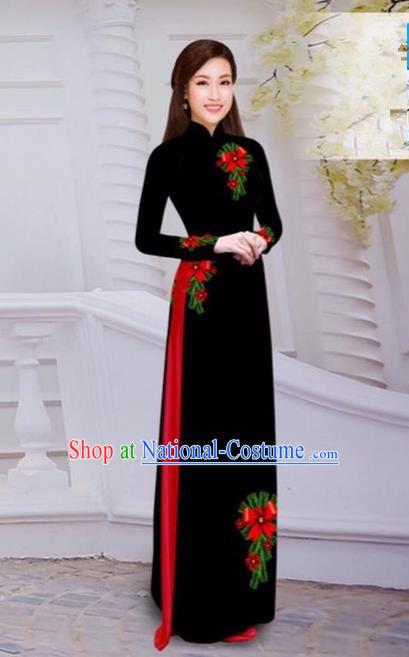 Top Grade Asian Vietnamese Traditional Dress, Vietnam Bride Ao Dai Hand Printing Flowers Dress, Vietnam Princess Black Dress Cheongsam Clothing for Women